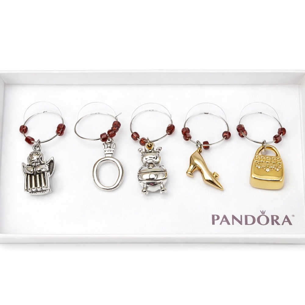 Pandora Wine Glass Charms Set Angel Ring Bee Heel Purse Silver Gold Collectible
